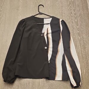 SHEIN Black and White Striped Blouse with Brown Accents